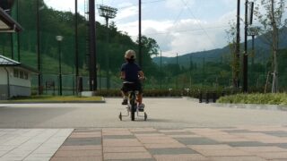 息子が自転車を漕ぐ後ろ姿