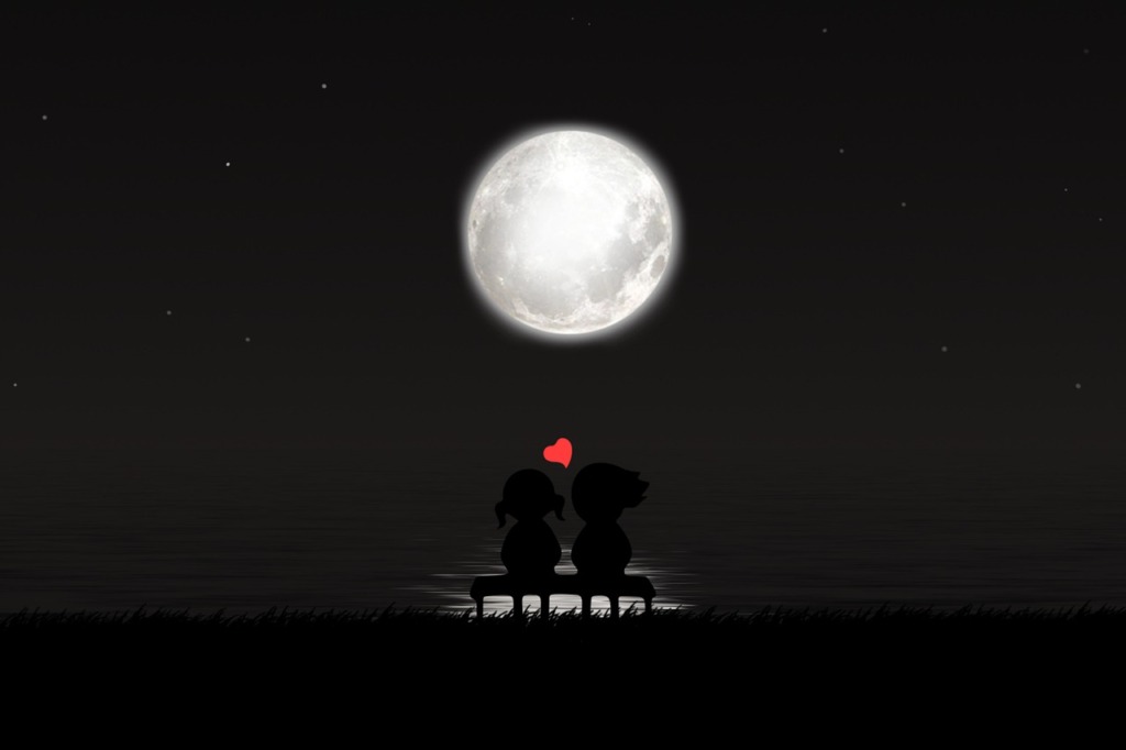 満月を見上げるカップル・恋愛のイメージ画像