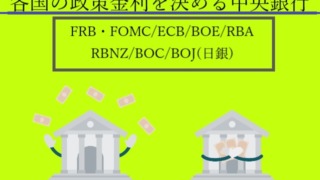 各国の政策金利を決める中央銀行(FRB・FOMC・ECB・BOE・RBA・RBNZ・BOC・BOJ日銀の文字とイメージ